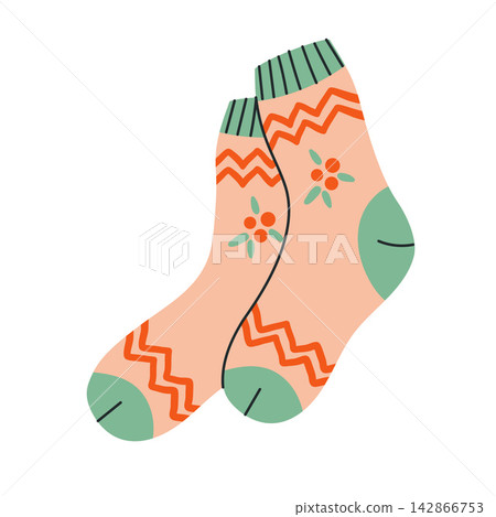 Cute pair of peach-colored cozy socks decorated with orange zigzag lines, green floral motifs, and contrasting cuffs, heels and toes. Flat vector illustration isolated on white. 142866753