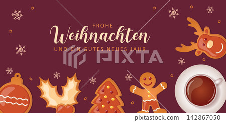 sweet tasty gingerbread deer and coffee on christmas morning vector illustration 142867050
