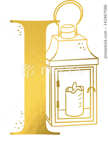 Golden letter I monogram with hand drawn outline vintage lantern candle illustration. Elegant luxury metallic gold alphabet design element for invitations. Initial winter decoration clip art. 142867086