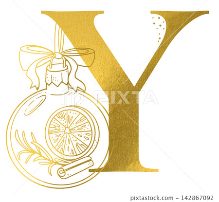 Golden letter Y monogram with hand drawn outline christmas bauble ball decoration illustration. Elegant luxury metallic gold alphabet design element for invitations. Initial winter clip art. Golden letter Y monogram with hand drawn outline christmas bauble ball decoration illustration. Elegant luxury metallic gold alphabet design element for invitations. Initial winter clip art. 142867092