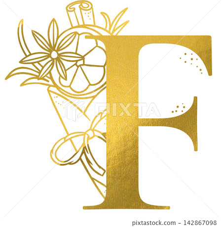 Golden letter F monogram with hand drawn outline orange slice cinnamon and anise illustration. Elegant luxury metallic gold alphabet design element for invitations. Initial decoration clip art. Golden letter F monogram with hand drawn outline orange slice cinnamon and anise illustration. Elegant luxury metallic gold alphabet design element for invitations. Initial decoration clip art. 142867098