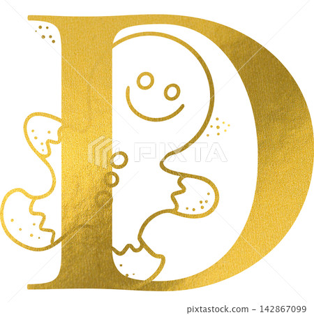 Golden letter D monogram with hand drawn outline gingerbread man cookie illustration. Elegant luxury metallic gold alphabet design element for invitations. Initial christmas decoration clip art. Golden letter D monogram with hand drawn outline gingerbread man cookie illustration. Elegant luxury metallic gold alphabet design element for invitations. Initial christmas decoration clip art. 142867099