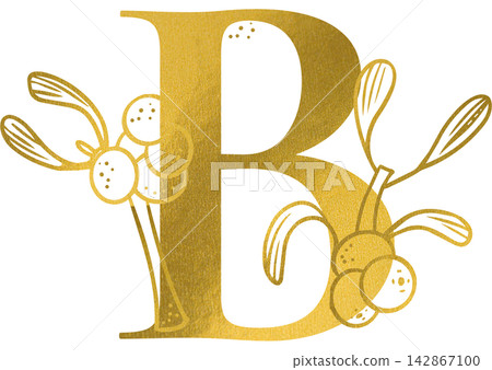 Golden letter B monogram with hand drawn outline mistletoe botanical illustration. Elegant luxury metallic gold alphabet design element for invitations. Initial winter christmas decoration clip art. Golden letter B monogram with hand drawn outline mistletoe botanical illustration. Elegant luxury metallic gold alphabet design element for invitations. Initial winter christmas decoration clip art. 142867100
