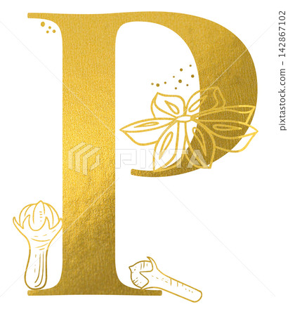 Golden letter P monogram with hand drawn outline star anise and cloves spice illustration. Elegant luxury metallic gold alphabet design element for invitations. Initial winter decoration clip art. Golden letter P monogram with hand drawn outline star anise and cloves spice illustration. Elegant luxury metallic gold alphabet design element for invitations. Initial winter decoration clip art. 142867102