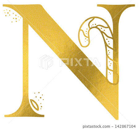 Golden letter N monogram with hand drawn outline christmas candy cane sweet illustration. Elegant luxury metallic gold alphabet design element for invitations. Initial winter decoration clip art. Golden letter N monogram with hand drawn outline christmas candy cane sweet illustration. Elegant luxury metallic gold alphabet design element for invitations. Initial winter decoration clip art. 142867104