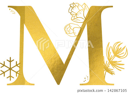 Golden letter M monogram with hand drawn outline snowflake pine branch and rose bud illustration. Elegant luxury metallic gold alphabet design element for invitations. Initial winter clip art. Golden letter M monogram with hand drawn outline snowflake pine branch and rose bud illustration. Elegant luxury metallic gold alphabet design element for invitations. Initial winter clip art. 142867105