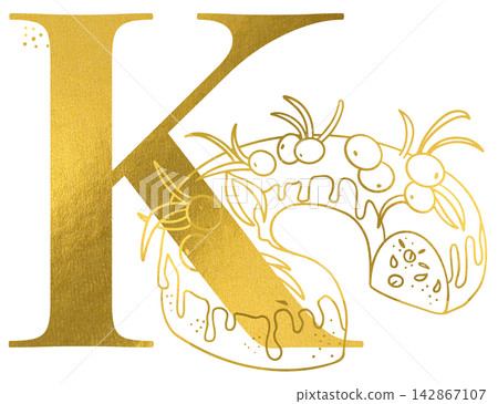 Golden letter K monogram with hand drawn outline christmas cake wreath illustration. Elegant luxury metallic gold alphabet design element for invitations. Initial winter decoration clip art. Golden letter K monogram with hand drawn outline christmas cake wreath illustration. Elegant luxury metallic gold alphabet design element for invitations. Initial winter decoration clip art. 142867107