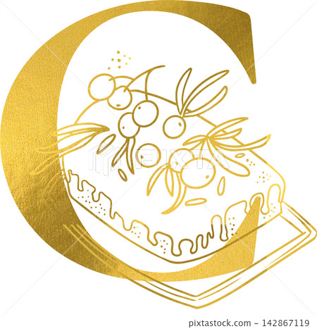 Golden letter C monogram with hand drawn outline christmas cake food illustration. Elegant luxury metallic gold alphabet design element for invitations. Initial winter decoration clip art. Golden letter C monogram with hand drawn outline christmas cake food illustration. Elegant luxury metallic gold alphabet design element for invitations. Initial winter decoration clip art. 142867119