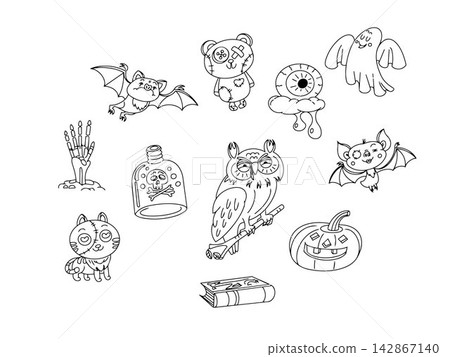 Cute spooky Halloween vector illustration icon set. Creepy teddy bear bat owl cat pumpkin ghost zombie hand poison bottle graphic elements collection for sticker book clip art coloring page card. Cute spooky Halloween vector illustration icon set. Creepy teddy bear bat owl cat pumpkin ghost zombie hand poison bottle graphic elements collection for sticker book clip art coloring page card. 142867140