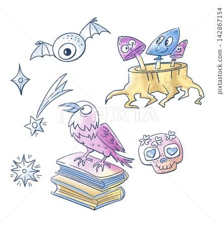 Halloween raven books mushrooms skull eyeball bat sticker pack. Isolated clip art collection illustration with spooky holiday sketches. Cute pastel gradient elements on white background. Halloween raven books mushrooms skull eyeball bat sticker pack. Isolated clip art collection illustration with spooky holiday sketches. Cute pastel gradient elements on white background. 142867154