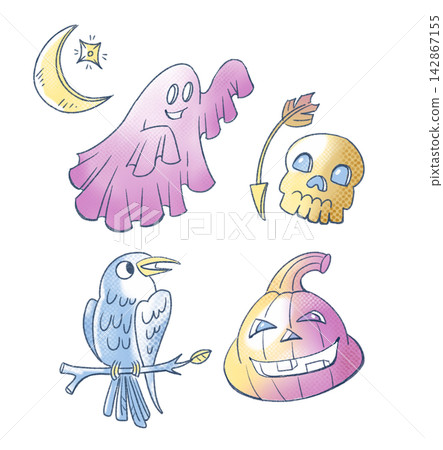 Halloween ghost bird skull pumpkin moon sticker pack. Isolated clip art collection illustration with spooky holiday sketches. Cute pastel gradient elements on white background. Halloween ghost bird skull pumpkin moon sticker pack. Isolated clip art collection illustration with spooky holiday sketches. Cute pastel gradient elements on white background. 142867155