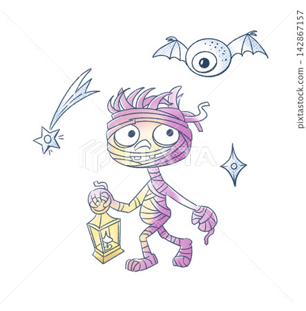Halloween mummy lantern eyeball bat sticker pack. Isolated clip art collection illustration reflecting kawaii anime aesthetic and creepy cute trends. Cute pastel gradient elements popular in pop cultu Halloween mummy lantern eyeball bat sticker pack. Isolated clip art collection illustration reflecting kawaii anime aesthetic and creepy cute trends. Cute pastel gradient elements popular in pop cultu 142867157