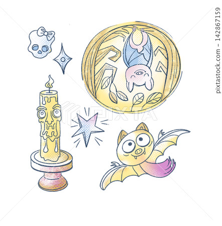 Halloween bats candle skull monster sticker pack. Isolated clip art collection illustration reflecting kawaii anime aesthetic and creepy cute trends. Cute pastel gradient elements popular in pop cultu Halloween bats candle skull monster sticker pack. Isolated clip art collection illustration reflecting kawaii anime aesthetic and creepy cute trends. Cute pastel gradient elements popular in pop cultu 142867159