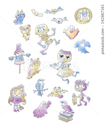 Aesthetic pastel Halloween characters clip art collection. Cute spooky doodle elements with ghosts skeleton characters mummy scarecrow and bats isolated on white background. Aesthetic pastel Halloween characters clip art collection. Cute spooky doodle elements with ghosts skeleton characters mummy scarecrow and bats isolated on white background. 142867161