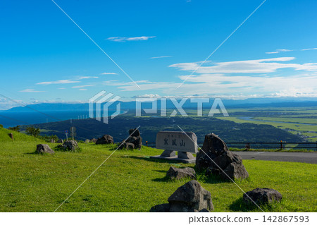 A spectacular view of the Sea of Japan and rural landscape from the summit of Mt. Kanpu on the Oga Peninsula in Akita Prefecture. A spectacular view of the Sea of Japan and rural landscape from the summit of Mt. Kanpu on the Oga Peninsula in Akita Prefecture. 142867593