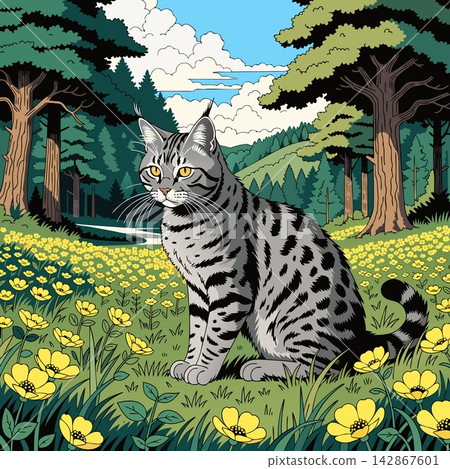 The image appears to be a colorful digital illustration of a gray tabby cat sitting in a field of yellow wildflowers The image appears to be a colorful digital illustration of a gray tabby cat sitting in a field of yellow wildflowers 142867601