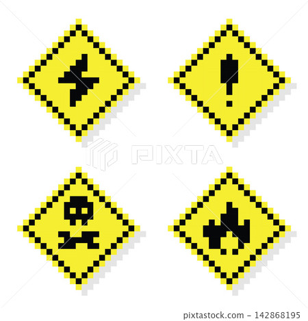 Pixel Art Warning Signs Collection with Traffic Safety Symbols Pixel Art Warning Signs Collection with Traffic Safety Symbols 142868195