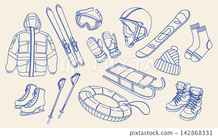 Collection of winter sports gear including skis, snowboard, skates, sled, and boots. Hand drawn illustration. 142868331