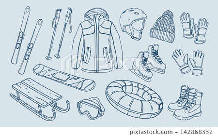 Collection of winter sports gear including skis, snowboard, skates, sled, and boots. Hand drawn illustration. Collection of winter sports gear including skis, snowboard, skates, sled, and boots. Hand drawn illustration. 142868332