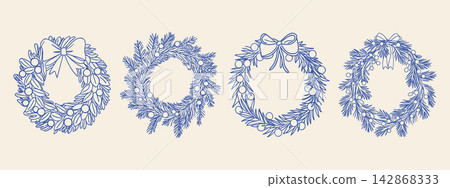 Set of Christmas wreaths. Hand drawn pine and spruce wreaths with festive holiday decorations. Set of Christmas wreaths. Hand drawn pine and spruce wreaths with festive holiday decorations. 142868333