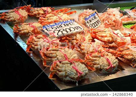Hanasaki crabs on display at the market. Hanasaki crabs on display at the market. 142868340