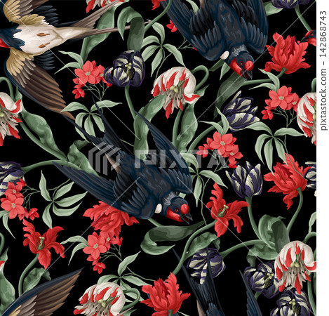 Swallow Seamless Pattern with Flying Birds and Floral Botanical Motifs for Fabric Design Swallow Seamless Pattern with Flying Birds and Floral Botanical Motifs for Fabric Design 142868743