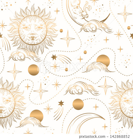Seamless pattern with golden graphic sun and moon. Vector. Seamless pattern with golden graphic sun and moon. Vector. 142868852