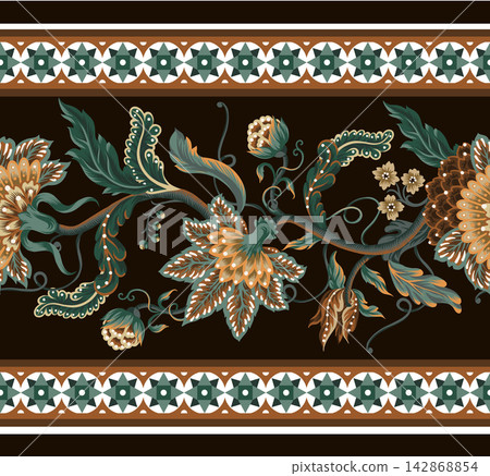 Border with Indian floral ornament. Vector. Border with Indian floral ornament. Vector. 142868854