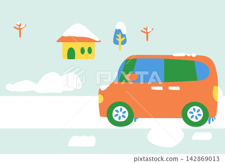 A car driving through a snowy landscape A car driving through a snowy landscape 142869013
