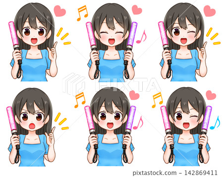 A set of illustrations of a woman holding a penlight while participating in fan activities. A set of illustrations of a woman holding a penlight while participating in fan activities. 142869411