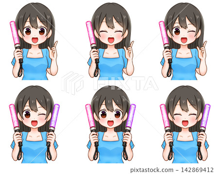 Illustration set of 2 illustrations of a woman holding a penlight while supporting her favorite idol. Illustration set of 2 illustrations of a woman holding a penlight while supporting her favorite idol. 142869412
