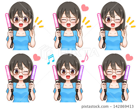 Illustration set of 3 illustrations of a woman holding a penlight while participating in fan activities. Illustration set of 3 illustrations of a woman holding a penlight while participating in fan activities. 142869413