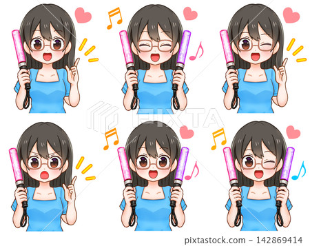 A set of illustrations of a woman holding a penlight while engaging in fan activities (4 illustrations) A set of illustrations of a woman holding a penlight while engaging in fan activities (4 illustrations) 142869414