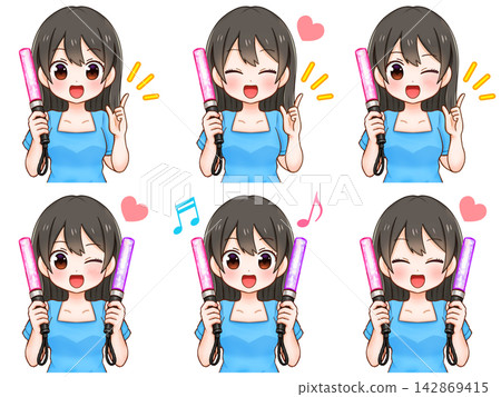 A set of 5 illustrations of a woman holding a penlight while supporting her favorite idol. A set of 5 illustrations of a woman holding a penlight while supporting her favorite idol. 142869415