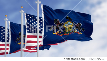 Pennsylvania state flag waving with the american flag Pennsylvania state flag waving with the american flag 142869532