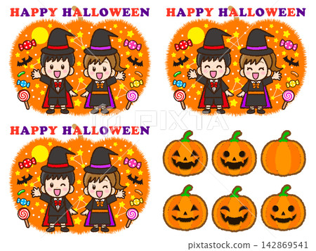 A set of illustrations of children in costumes celebrating Halloween (2 illustrations) A set of illustrations of children in costumes celebrating Halloween (2 illustrations) 142869541