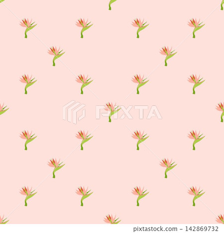 Vector seamless pattern with pink strelitzia flowers on pastel pink background. Minimalist tropical floral print for textile, paper, and cosmetic. Vector seamless pattern with pink strelitzia flowers on pastel pink background. Minimalist tropical floral print for textile, paper, and cosmetic. 142869732