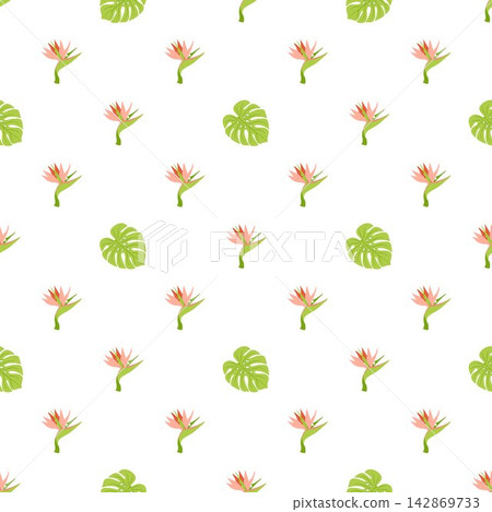 Vector seamless pattern with pink strelitzia flowers and green monstera leaves on white background. Tropical floral print for textile and paper. Vector seamless pattern with pink strelitzia flowers and green monstera leaves on white background. Tropical floral print for textile and paper. 142869733
