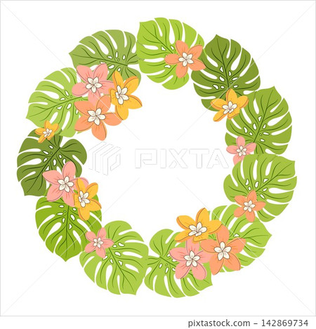 Vector illustration of a round tropical wreath. Circular monstera leaf frame with colorful plumeria flowers for wedding invitation and logo design. Vector illustration of a round tropical wreath. Circular monstera leaf frame with colorful plumeria flowers for wedding invitation and logo design. 142869734