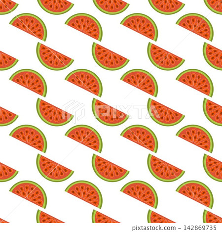 Vector seamless pattern with watermelon slices on white background. Clean summer fruit background for textile, swimwear, packaging, and paper decor. 142869735