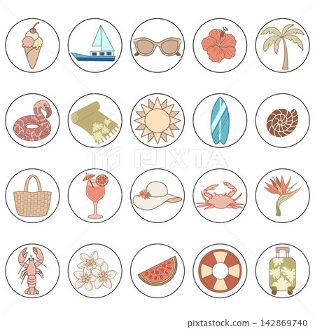 Vector icon set of summer beach and tropical vacation elements in circles. Highlights collection for social media, travel sticker, and web app. Vector icon set of summer beach and tropical vacation elements in circles. Highlights collection for social media, travel sticker, and web app. 142869740
