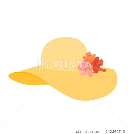 Vector illustration of a wide brim yellow summer hat adorned with pink flowers. Elegant accessory for beach vacation, garden party, and fashion blog. Vector illustration of a wide brim yellow summer hat adorned with pink flowers. Elegant accessory for beach vacation, garden party, and fashion blog. 142869743