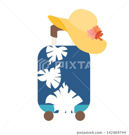 Vector illustration of a blue suitcase with tropical monstera leaf print and a yellow floral sun hat. Concept for summer travel, resort, and heatwave. Vector illustration of a blue suitcase with tropical monstera leaf print and a yellow floral sun hat. Concept for summer travel, resort, and heatwave. 142869744
