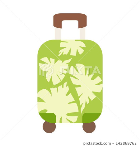 Vector illustration of a modern rolling suitcase in green with a light tropical monstera leaf pattern. Stylized travel bag icon for tourism and fashion design. Vector illustration of a modern rolling suitcase in green with a light tropical monstera leaf pattern. Stylized travel bag icon for tourism and fashion design. 142869762