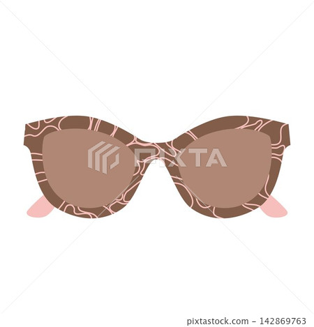 Vector illustration of stylish women sunglasses with brown frame and abstract line pattern. Chic fashion accessory for summer beach, optics, and blog. Vector illustration of stylish women sunglasses with brown frame and abstract line pattern. Chic fashion accessory for summer beach, optics, and blog. 142869763