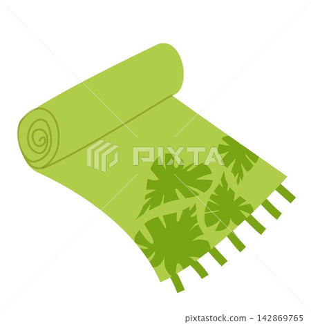 Vector illustration of a rolled green yoga mat or beach towel with fringe and tropical monstera leaf print. Summer wellness and resort accessory. 142869765