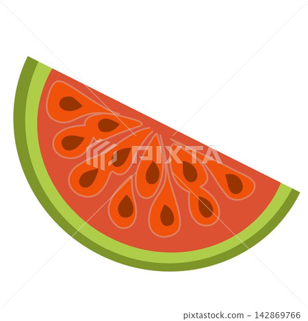 Vector illustration of a fresh watermelon slice with seeds. Summer fruit icon for menu, juice packaging, beach party, and healthy food design. Vector illustration of a fresh watermelon slice with seeds. Summer fruit icon for menu, juice packaging, beach party, and healthy food design. 142869766