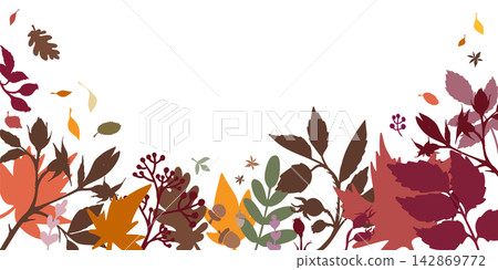 Vector horizontal autumn banner frame with colorful leaf and berry silhouettes on white background. Botanical backdrop for card, web, and text. Vector horizontal autumn banner frame with colorful leaf and berry silhouettes on white background. Botanical backdrop for card, web, and text. 142869772