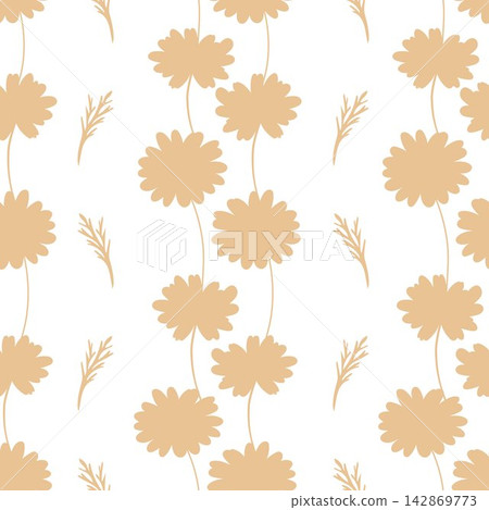 Vector seamless pattern with beige flower silhouettes and grass on white background. Delicate botanical print for cosmetic, textile, and packaging. Vector seamless pattern with beige flower silhouettes and grass on white background. Delicate botanical print for cosmetic, textile, and packaging. 142869773