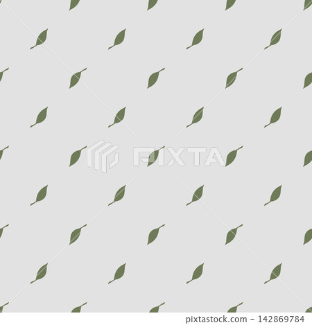 Vector seamless pattern with small green leaves on grey background. Minimalist autumn botanical print for back to school, packaging, and paper. Vector seamless pattern with small green leaves on grey background. Minimalist autumn botanical print for back to school, packaging, and paper. 142869784